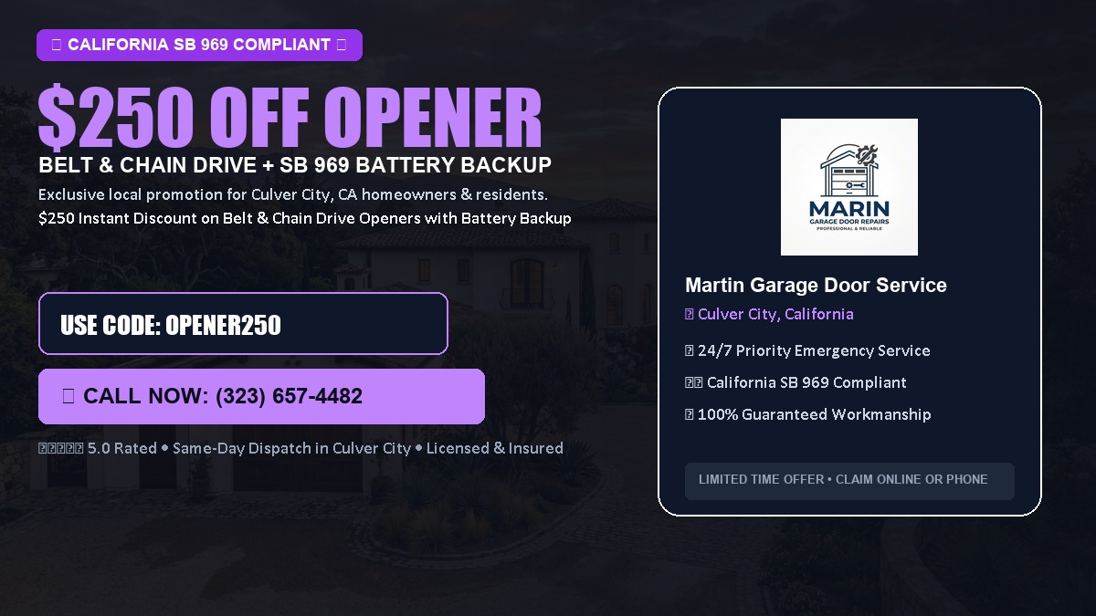 $250 OFF Smart Garage Door Opener Installation (Belt & Chain Drive with California SB 969 Battery Backup) in Culver City, CA